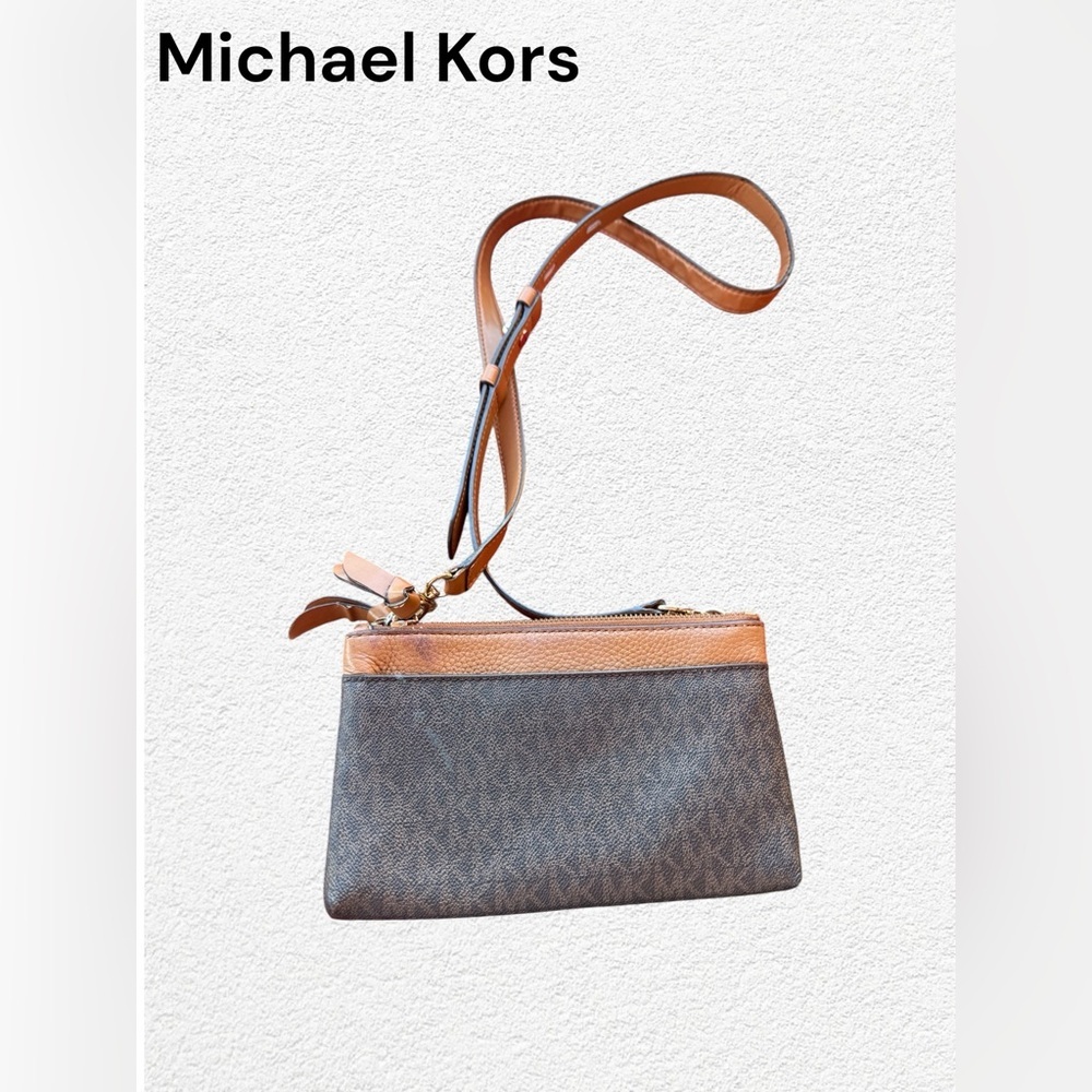 Michael Kors Wristlet Wallet Brown MK Logo PVC Leather Trim Strap Zip Clutch - Picture 2 of 14